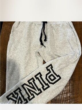 PINK Victoria's Secret Light Gray Heather Joggers with Black Drawstring Small